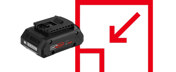 Schwarze Bosch Professional Akku-Batterie neben rotem Symbol für Montage.