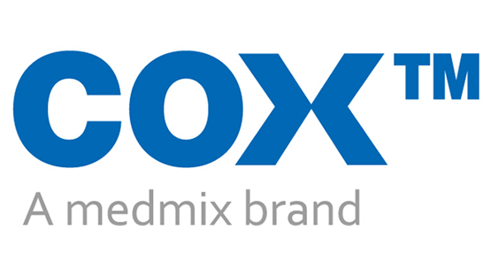 Logo von COX, blau auf weißem Hintergrund, mit "A medmix brand".