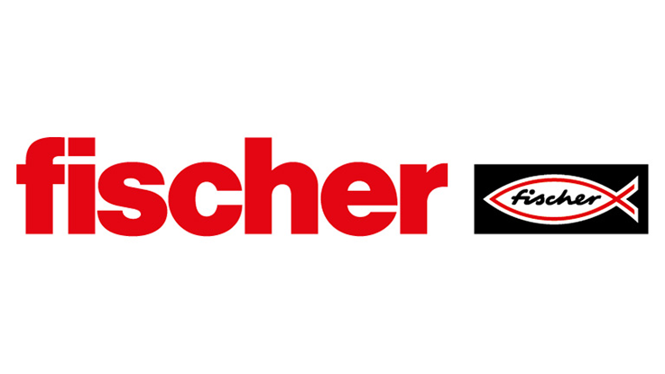 Logo von Fischer in Rot mit Fischsymbol und schwarzem Hintergrund.