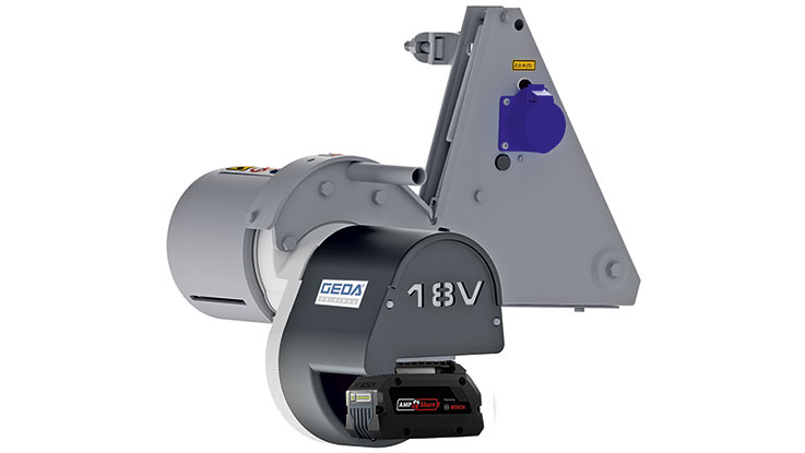 Ein GEDA 18V Akku-Werkzeug mit grauem Gehäuse und schwarzem Akku.