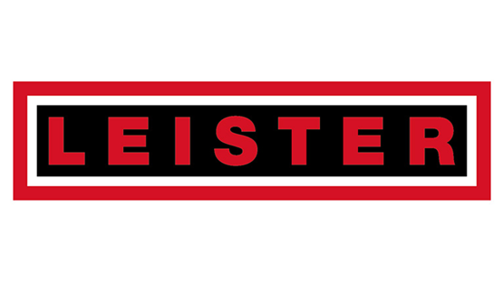 Logo von Leister in rot und schwarz, Rechteck mit weißem Rand.