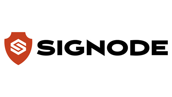 Logo von Signode mit rotem Schild und schwarzer Schrift.