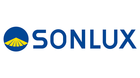 Logo von SONLUX mit gelbem Dreieck und blauer Schrift.