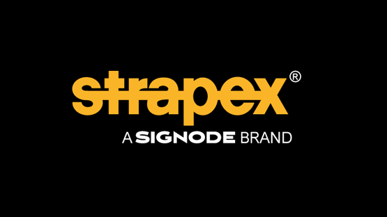 Logodesign von strapex in Gelb und Weiß auf schwarzem Hintergrund.