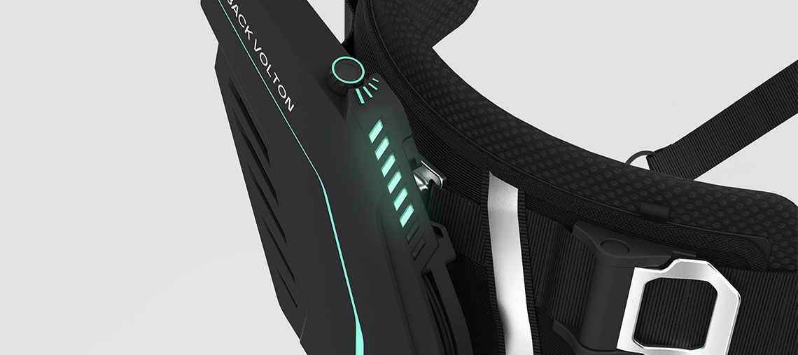 Schwarzer Bosch Professional Akku-Rucksack mit grünen Lichtern.