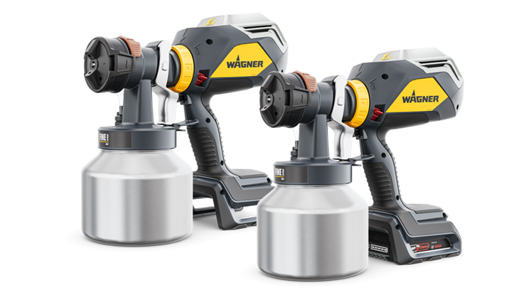 Zwei Wagner Professional Farbspritzgeräte mit silbernen Behältern.