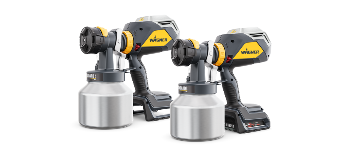 Drei Wagner Farbspritzgeräte mit silbernen Behältern auf weißem Hintergrund.