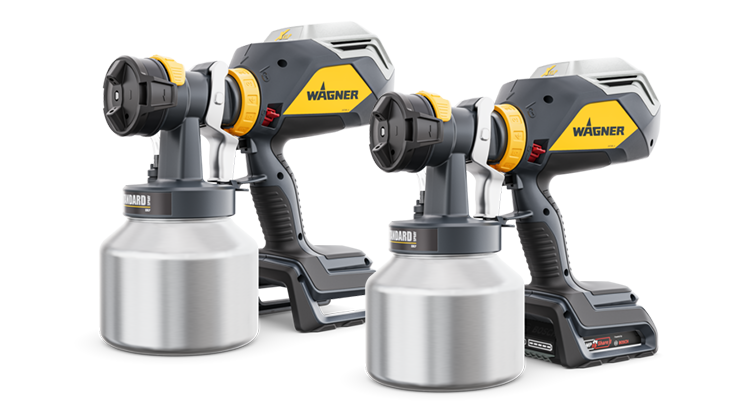Zwei graue Wagner Farbsprühgeräte mit silbernen Behältern.