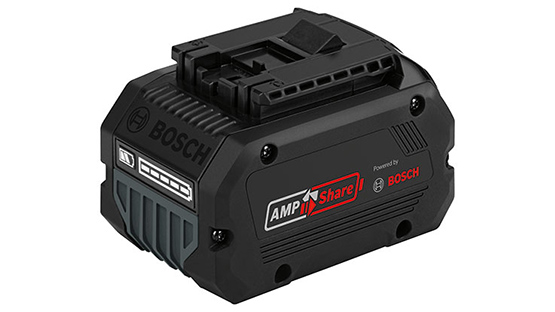Schwarzer Bosch Professional Akku mit AMPShare-Logo auf weißem Hintergrund.