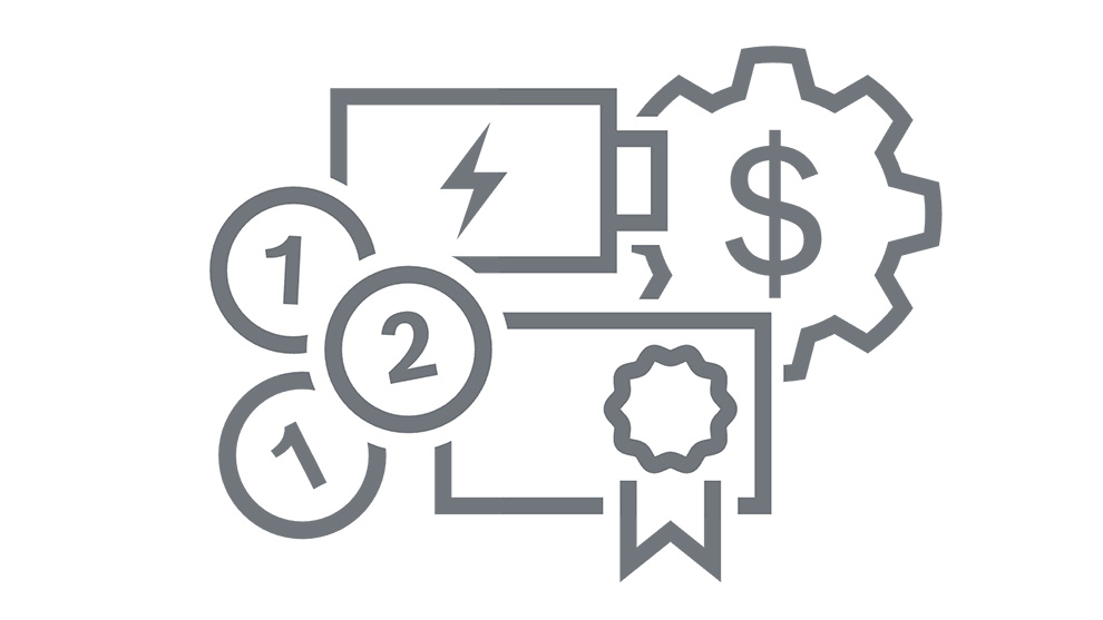 Grafik mit Batterie, Münzen, Dollarzeichen und Zertifikat.