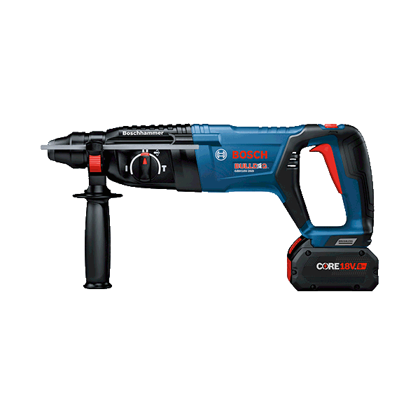 POWER 150+ TOOLS A blue Bosch Professional rotary hammer with battery and handle.