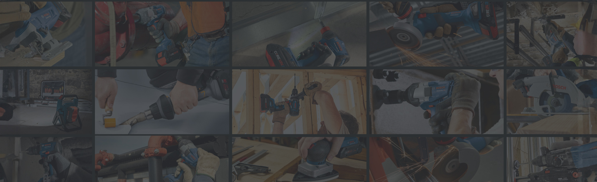 Collage de herramientas Bosch Professional en acción en obras de construcción.