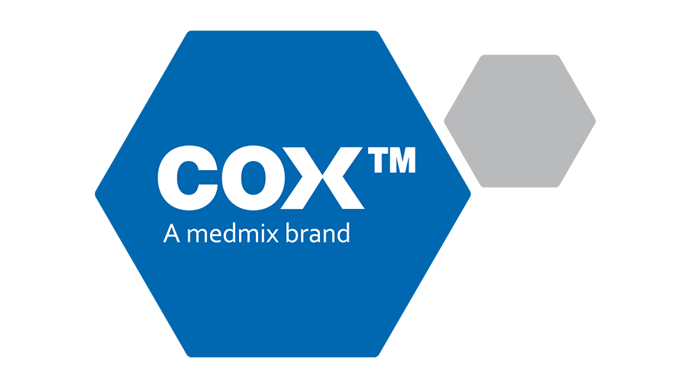 Logo de COX sobre fondo azul, texto en blanco y gris.