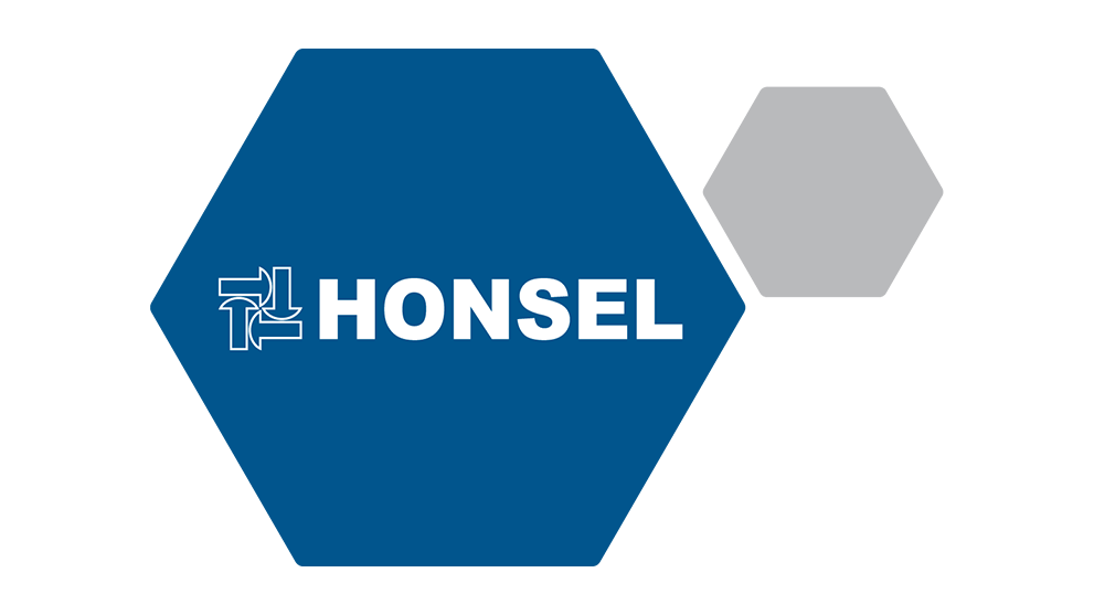 Logo de Honsel en azul con letras blancas y elementos gráficos.