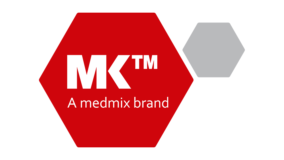 Logo de MK, una marca de medmix, en rojo y blanco.