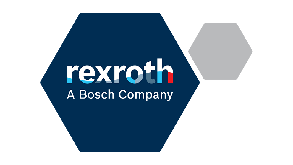 Logo de Rexroth sobre un fondo azul, dividido por una forma gris.