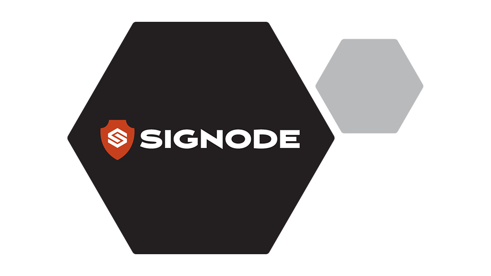 Logo de Signode con un escudo rojo y letras blancas sobre un fondo negro.